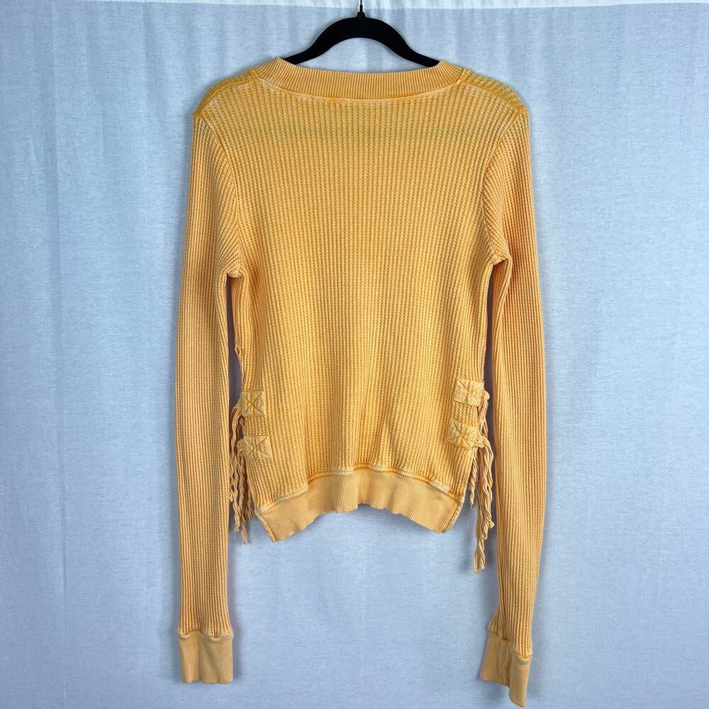 Free People One Top Cropped Interlaken Thermal Waffle Yellow Boho Lounge Cozy - Picture 4 of 8